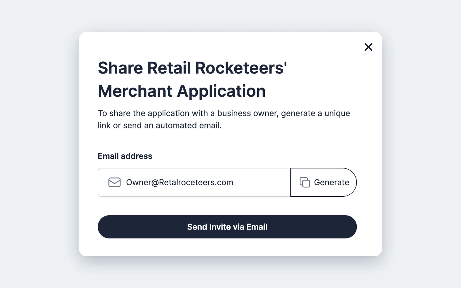 Share merchant application dialog with the owner's email address and a Send Invite via Email button